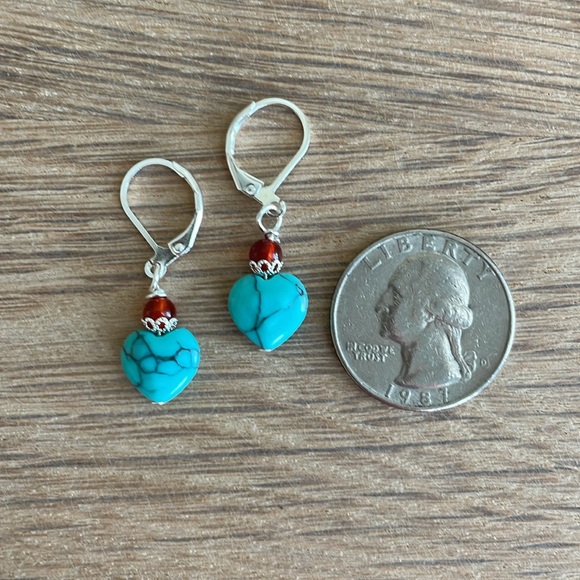 HAND CRAFTED TURQUOISE HEART PIERCED EARRINGS Turquoise Hearts Brown Carnelian - Picture 8 of 14